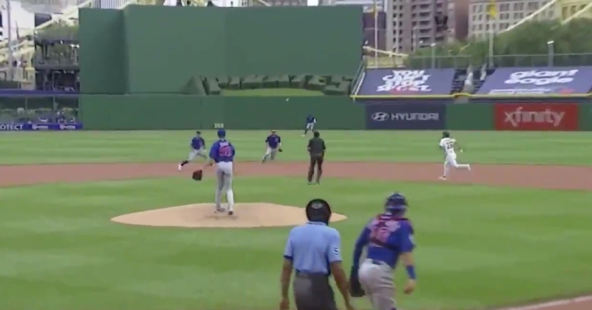 Chicago Cubs relief pitcher Jason Adam was charged with an error for making an awful throw to second base. (Credit: Matt Kartozian-USA TODAY Sports)