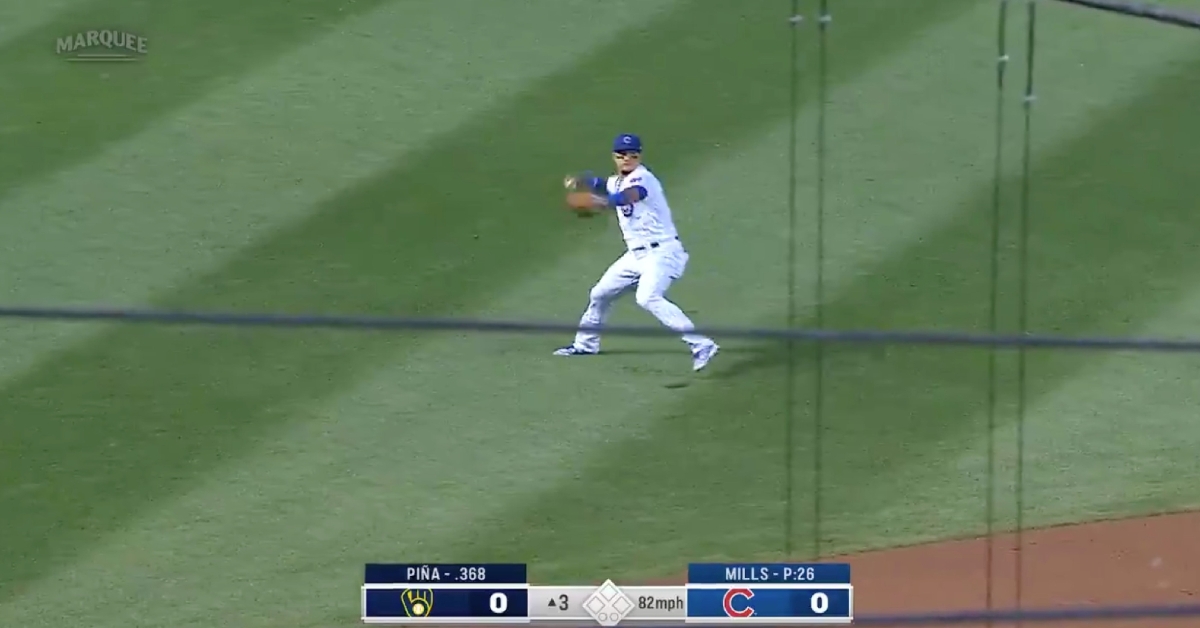 Javier Baez fired an impressive throw across the diamond after fielding a grounder on the outfield grass. (Credit: Rick Scuteri-USA TODAY Sports)