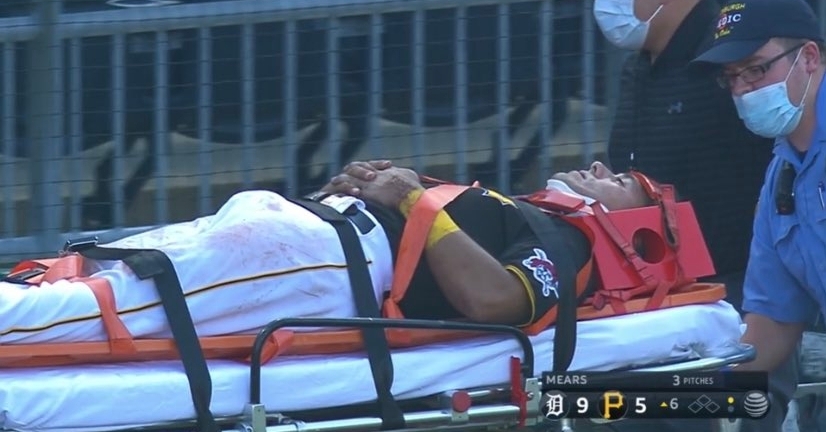 Pittsburgh Pirates first baseman Phillip Evans was stretchered off the field after being injured in a scary collision. (Credit: Charles LeClaire-USA TODAY Sports)