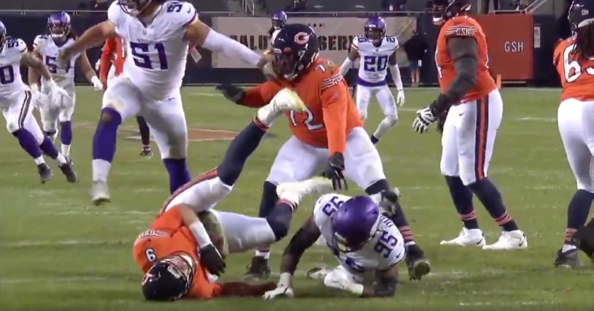 Nick Foles collided with the ground upon getting thrown down by a Vikings pass rusher late in Monday's game.