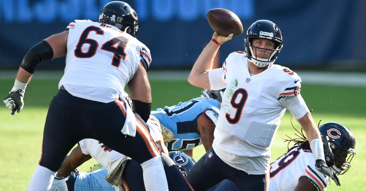 A makeshift offensive line contributed to the Chicago Bears' offensive struggles on the day.  (Credit: George Walker IV / Tennessean.com via Imagn Content Services, LLC)