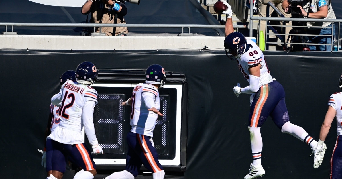 Bears tight end Jimmy Graham celebrated both of his touchdown receptions with emphatic spikes. (Credit: Douglas DeFelice-USA TODAY Sports)
