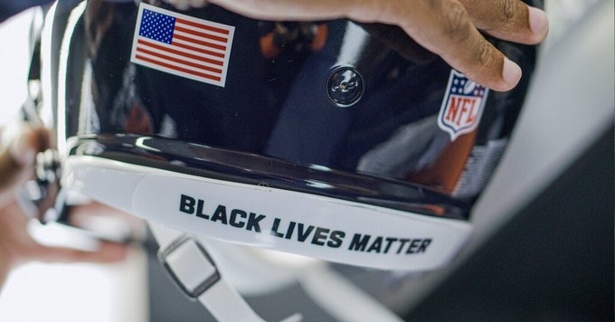 The Bears' Week 1 helmets will feature decals containing social justice-related messages and names. (Credit: @ChicagoBears on Twitter)
