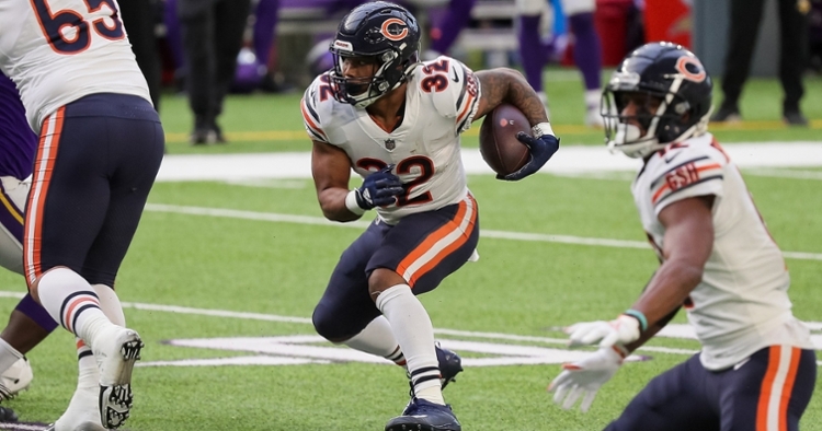 Bears running back David Montgomery ran roughshod over the Vikings, amassing a career-high 146 rushing yards. (Credit: Brad Rempel-USA TODAY Sports)
