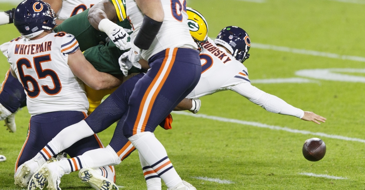 Mitchell Trubisky was picked off twice, and he coughed up a fumble that was run back for a Green Bay touchdown. (Credit: Jeff Hanisch-USA TODAY Sports)