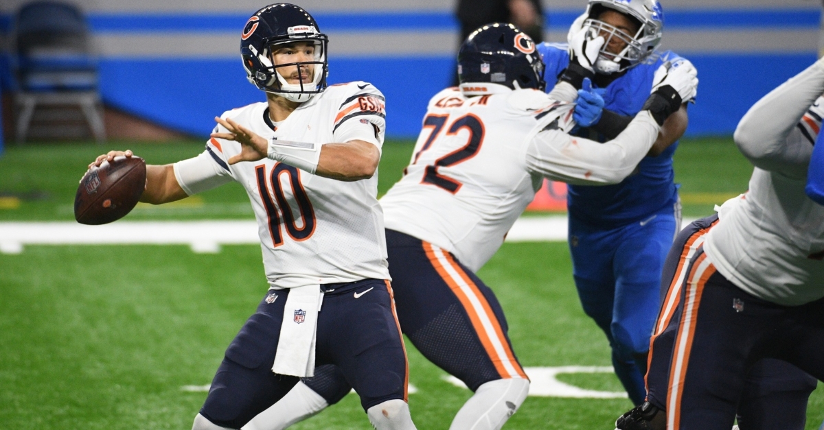 After going 13-for-21 with one touchdown and one interception, Mitchell Trubisky was benched in the third quarter. (Credit: Tim Fuller-USA TODAY Sports)