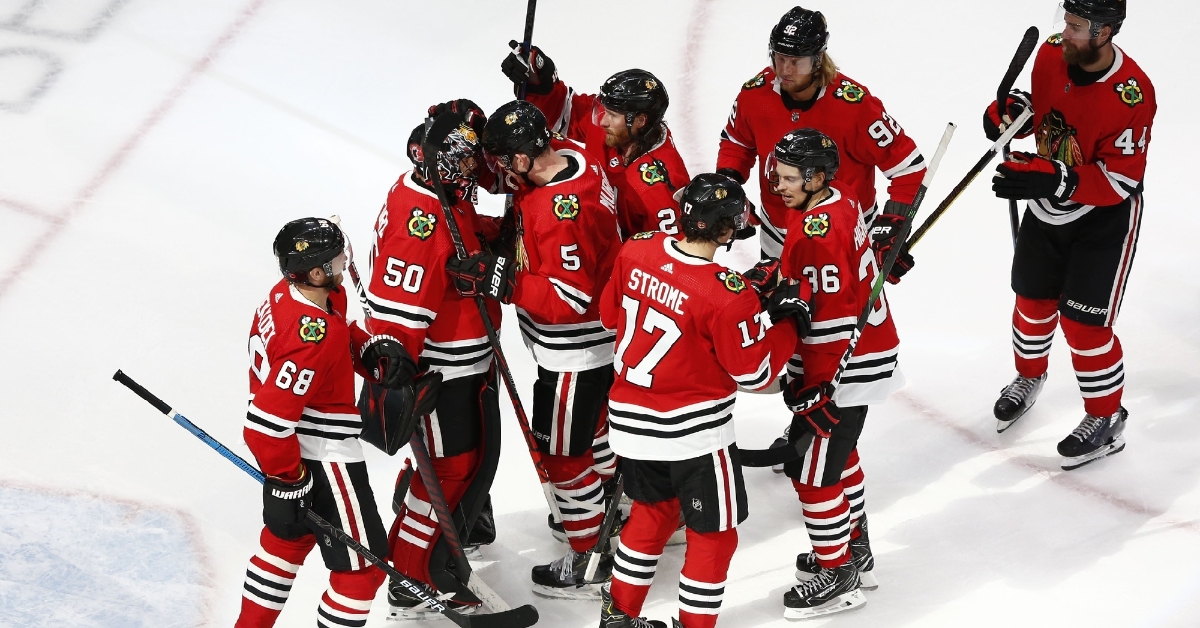 Blackhawks celebrate after the 3-1 win (Perry Nelson - USA Today Sports)