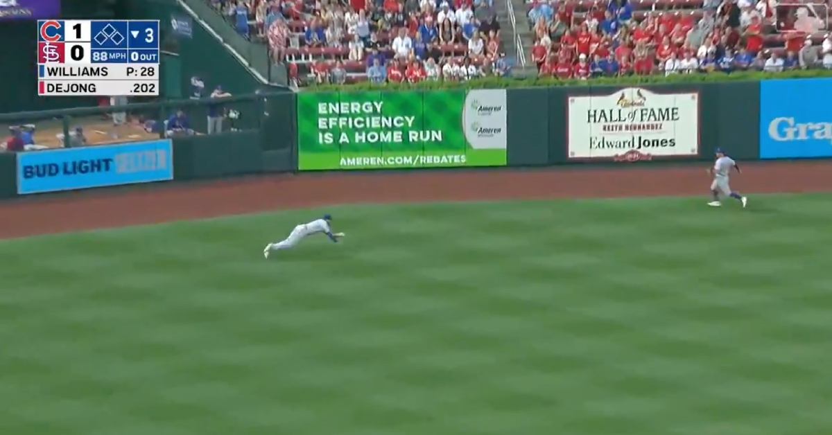 While playing in left field, Kris Bryant laid out and gloved a line drive hit by Paul DeJong.