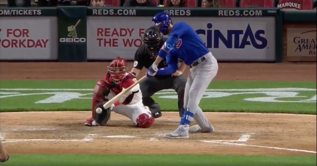 As seen here, Kris Bryant did not make contact on a checked swing that was ruled a foul tip.