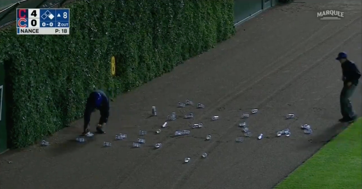 A brief delay in the action at Wrigley Field on Monday night was caused by "beer snake" cups falling onto the field.