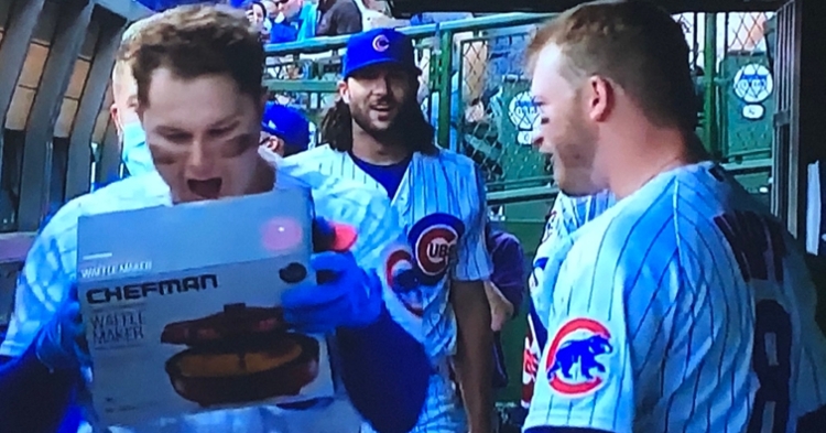 Joc Pederson was thrilled to receive a waffle maker after hitting his first home run as a Cub. (Credit: @SLGreenberg on Twitter)