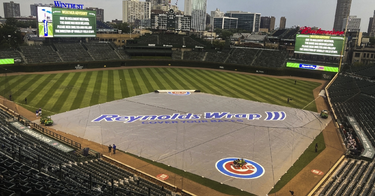 A storm rolling through Chicago halted play at the Friendly Confines on Tuesday night. (Credit: Matt Marton-USA TODAY Sports)