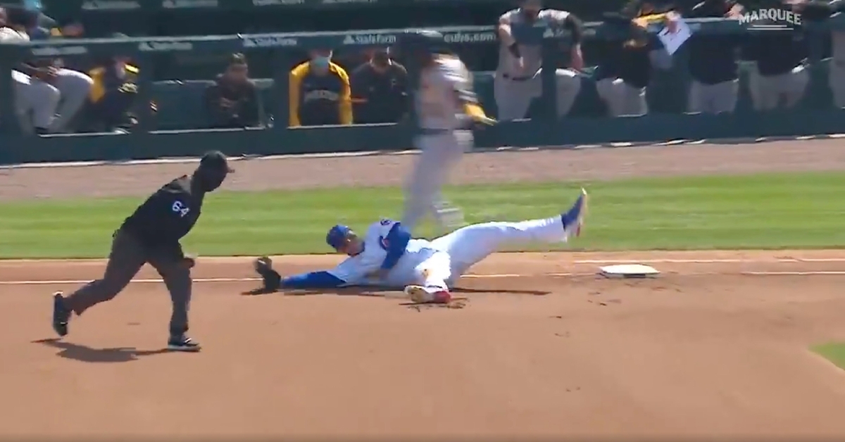 Anthony Rizzo was able to record a difficult out at first base before falling down.