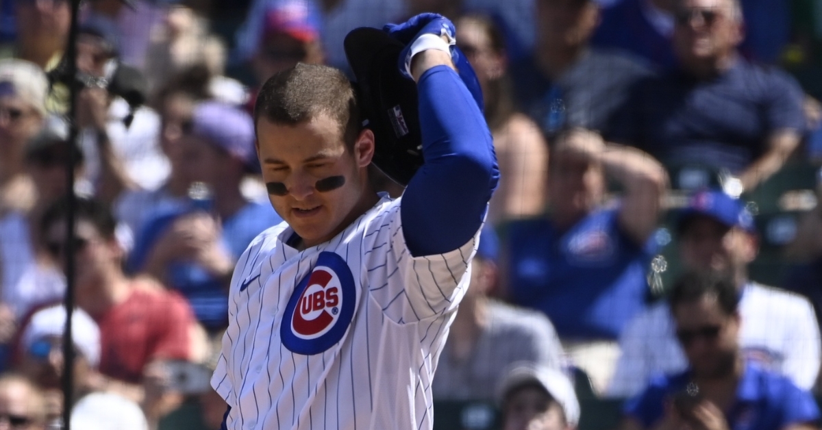 Anthony Rizzo's recurring back issue flared up on Sunday, resulting in Rizzo being pulled in the fourth inning. (Credit: Matt Marton-USA TODAY Sports)