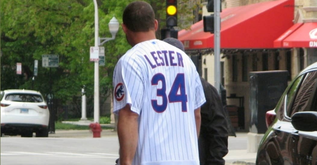 Anthony Rizzo paid homage to Jon Lester by wearing Lester's jersey. (Credit: @sambernero on Twitter)