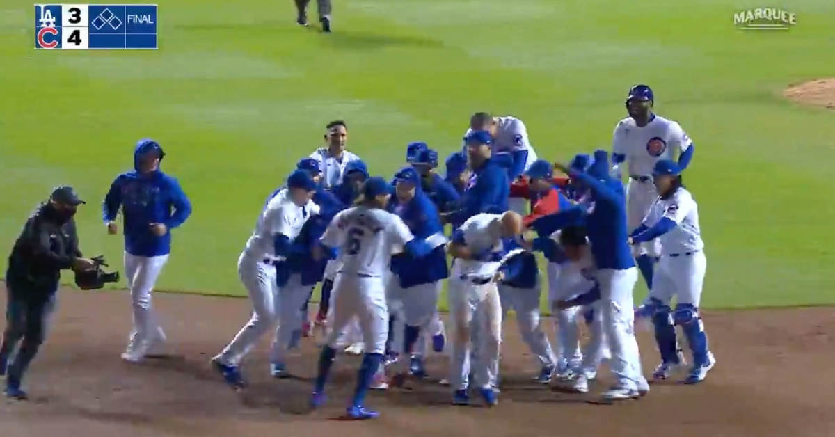 David Bote celebrated with his teammates after winning the game for the Cubs via a walkoff single.