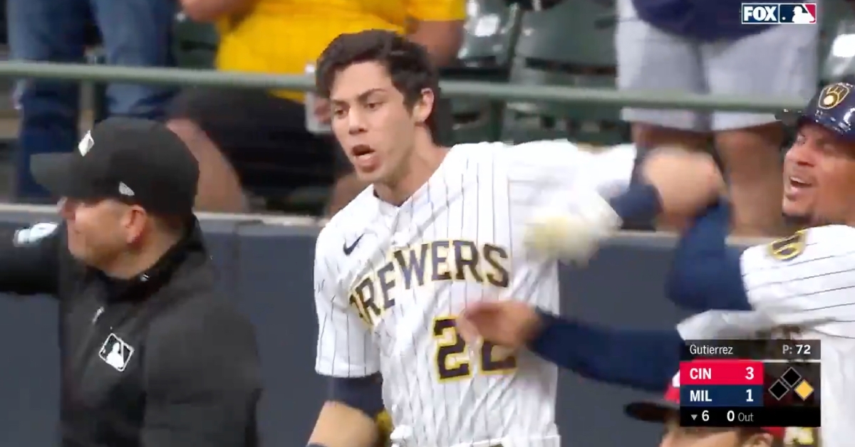 Christian Yelich vehemently disagreed with a call made at first base and was ejected because of it.