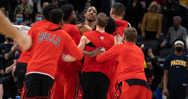Bulls celebrate after the epic win (Trevor Ruszkowski - USA Today Sports)