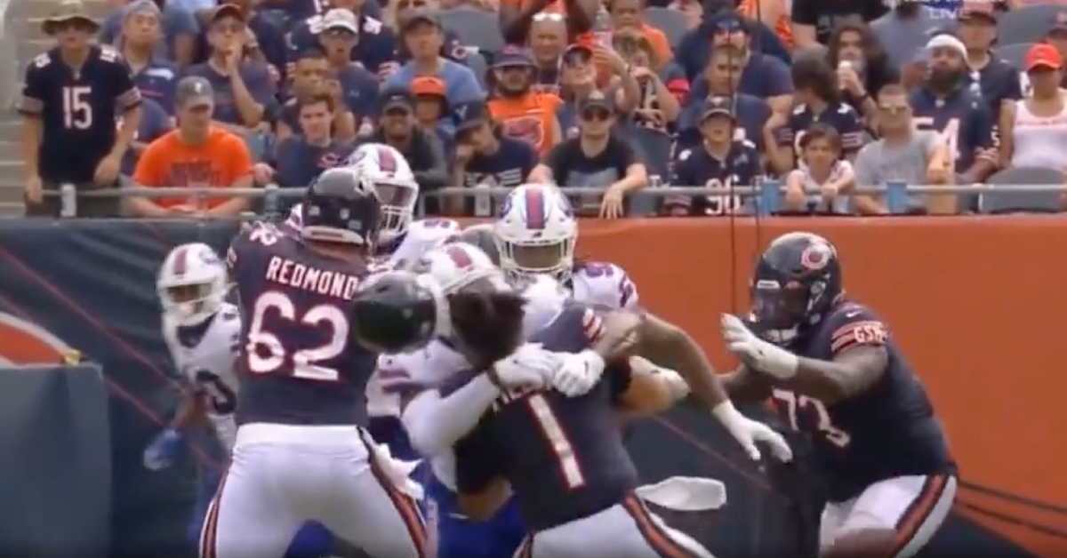Bears quarterback Justin Fields' helmet went flying when Bills linebacker Andre Smith hit him high on a sack.
