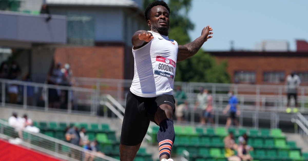 Marquise Goodwin has continued to compete in the long jump since being drafted to play in the NFL in 2013. (Credit: Kirby Lee-USA TODAY Sports)