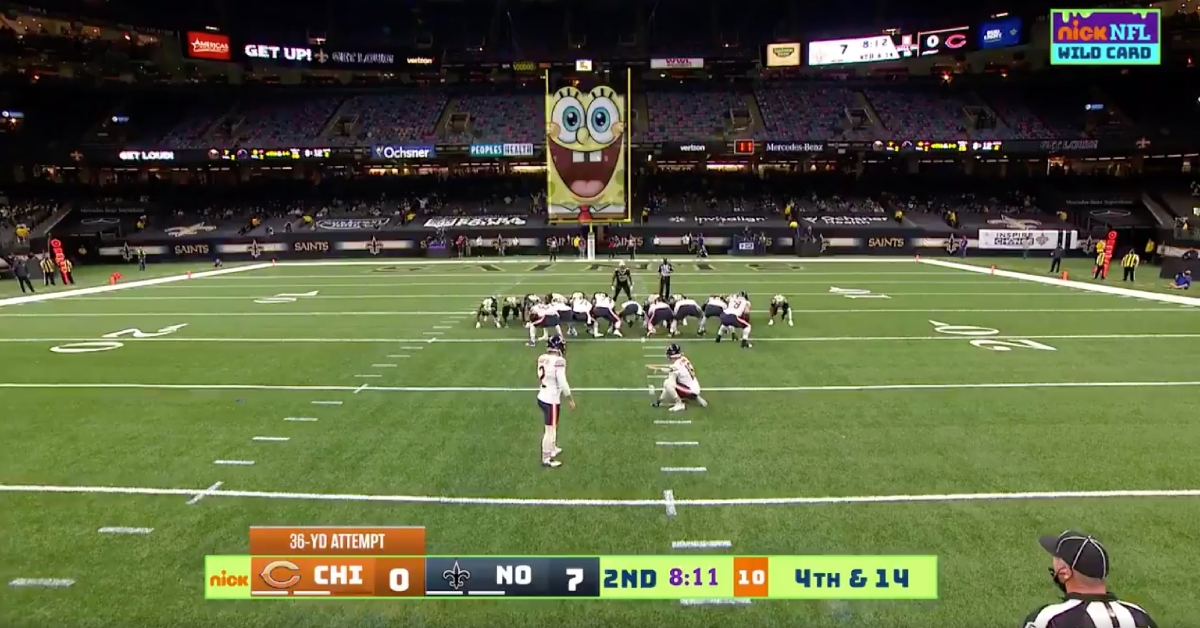 On Nickelodeon's broadcast, a 36-yard field goal by Cairo Santos sailed into the mouth of SpongeBob Squarepants.
